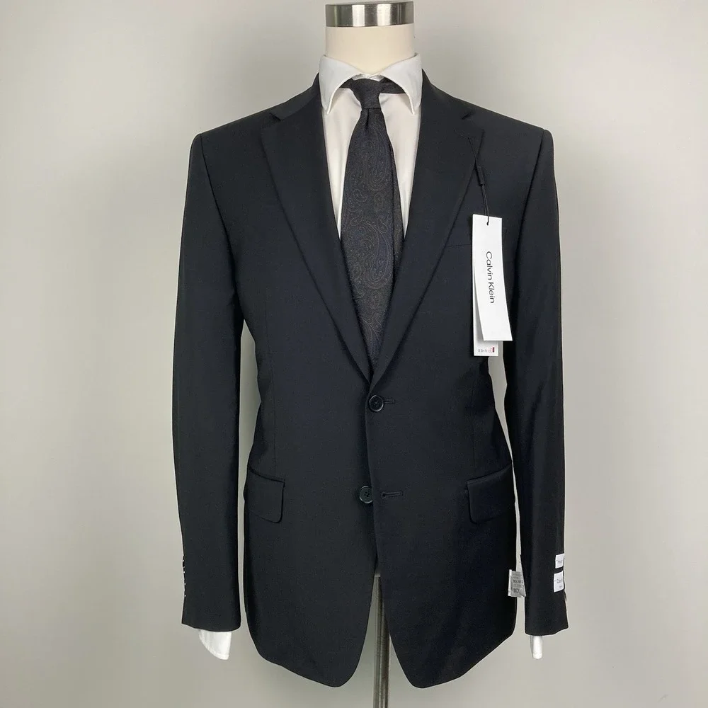 Calvin‎ Klein Mens Slim-fit Suit Jacket Blazer 44R Black Solid Stretch E06798